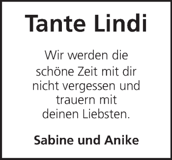 Traueranzeige von Tante Lindi von Echo-Zeitungen (Gesamtausgabe)