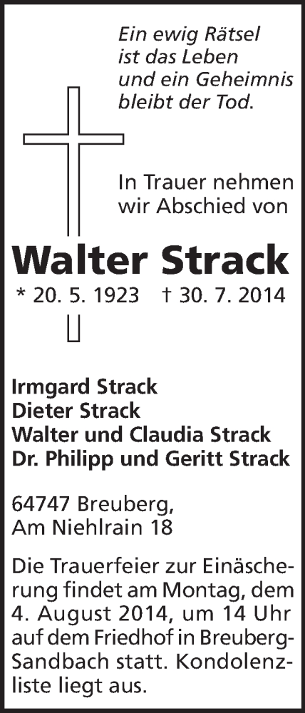  Traueranzeige für Walter Strack vom 02.08.2014 aus Odenwälder Echo