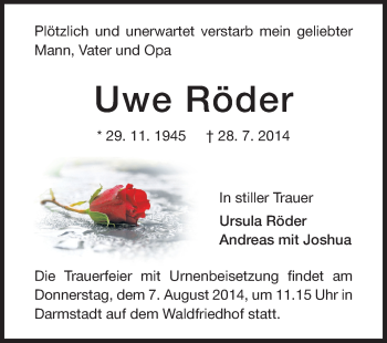 Traueranzeige von Uwe Röder von Echo-Zeitungen (Gesamtausgabe)