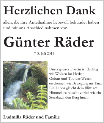 Traueranzeige von Günter Räder von Starkenburger Echo, Bergsträßer Anzeiger