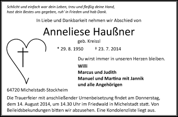 Traueranzeige von Anneliese Haußner von Odenwälder Echo