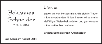 Traueranzeige von Johannes Schneider von Odenwälder Echo
