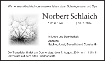 Traueranzeige von Norbert Schlaich von Echo-Zeitungen (Gesamtausgabe)