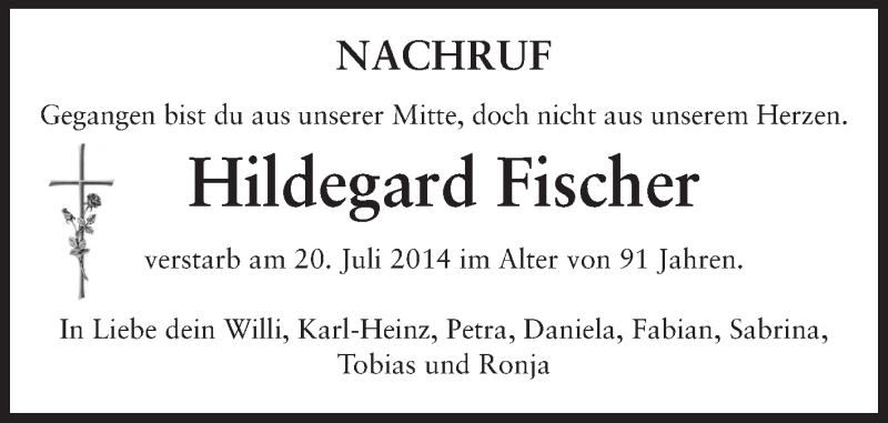  Traueranzeige für Hildegard Fischer vom 06.08.2014 aus Echo-Zeitungen (Gesamtausgabe)