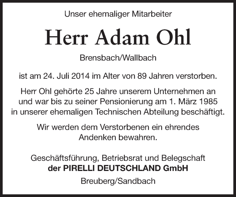  Traueranzeige für Adam Ohl vom 05.08.2014 aus Odenwälder Echo