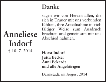 Traueranzeige von Anneliese Indorf von Echo-Zeitungen (Gesamtausgabe)
