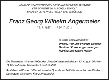 Traueranzeige von Franz Georg Wilhelm Angermeier von Echo-Zeitungen (Gesamtausgabe)