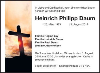 Traueranzeige von Heinrich Philipp Daum von Echo-Zeitungen (Gesamtausgabe)