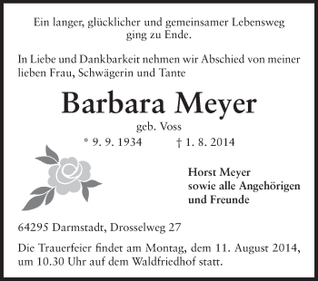 Traueranzeige von Barbara Meyer von Echo-Zeitungen (Gesamtausgabe)