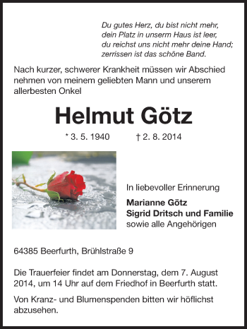 Traueranzeige von Helmut Götz von Echo-Zeitungen (Gesamtausgabe)