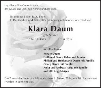 Traueranzeige von Klara Daum von Rüsselsheimer Echo, Groß-Gerauer-Echo, Ried Echo