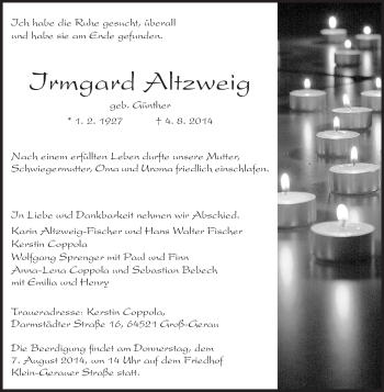 Traueranzeige von Irmgard Altzweig von Rüsselsheimer Echo, Groß-Gerauer-Echo, Ried Echo