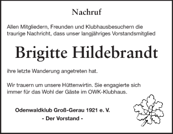 Traueranzeige von Brigitte Hildebrandt von Rüsselsheimer Echo, Groß-Gerauer-Echo, Ried Echo