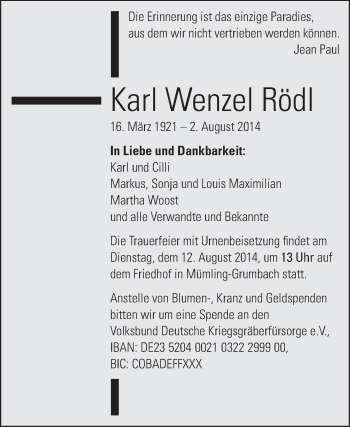 Traueranzeige von Karl Wenzel Rödl von Odenwälder Echo