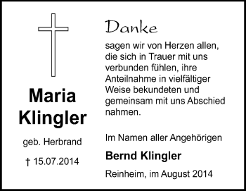 Traueranzeige von Maria Klingler von Darmstädter Echo, Odenwälder Echo, Rüsselsheimer Echo, Groß-Gerauer-Echo, Ried Echo