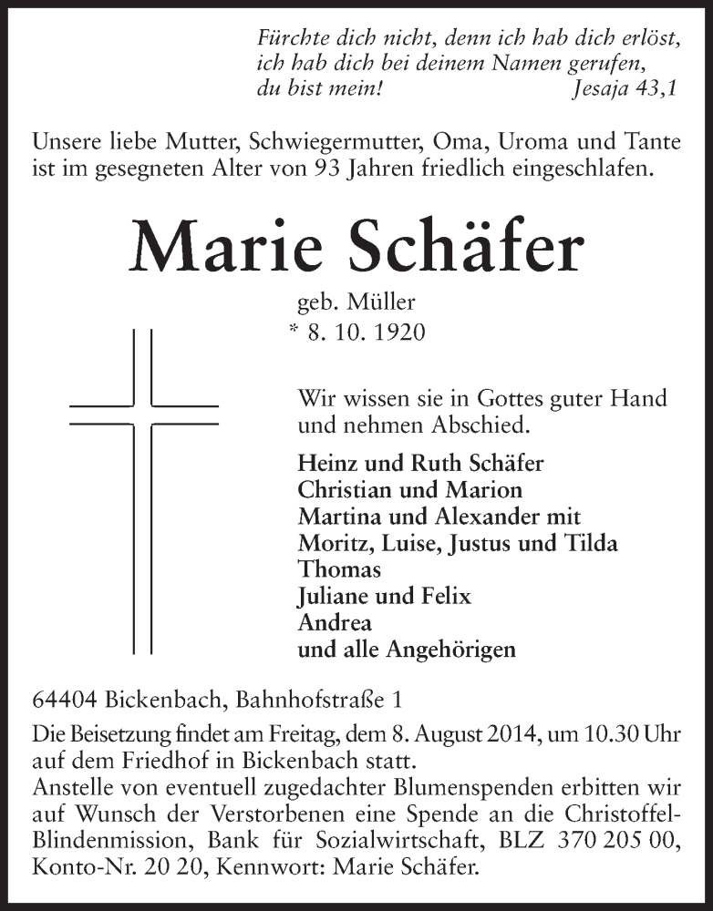  Traueranzeige für Marie Schäfer vom 06.08.2014 aus Echo-Zeitungen (Gesamtausgabe)