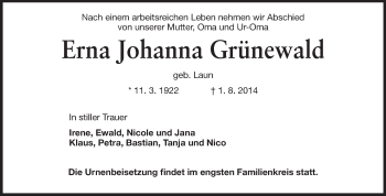 Traueranzeige von Erna Johanna Grünewald von Rüsselsheimer Echo, Groß-Gerauer-Echo, Ried Echo