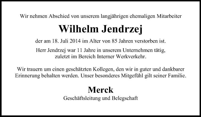  Traueranzeige für Wilhelm Jendrzej vom 06.08.2014 aus Echo-Zeitungen (Gesamtausgabe)