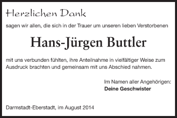 Traueranzeige von Hans-Jürgen Buttler von Echo-Zeitungen (Gesamtausgabe)