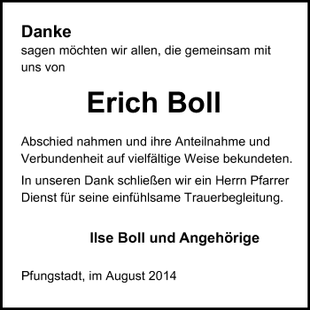 Traueranzeige von Erich Boll von Echo-Zeitungen (Gesamtausgabe)