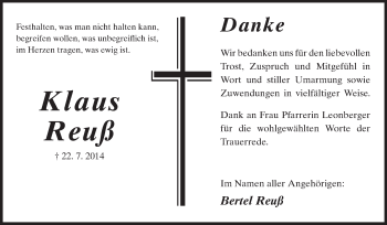 Traueranzeige von Klaus Reuß von Rüsselsheimer Echo, Groß-Gerauer-Echo, Ried Echo