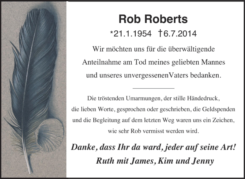  Traueranzeige für Rob Roberts vom 08.08.2014 aus Odenwälder Echo
