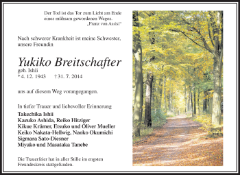 Traueranzeige von Yukiko Breitschafter von Echo-Zeitungen (Gesamtausgabe)