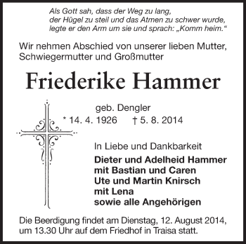 Traueranzeige von Friederike Hammer von Echo-Zeitungen (Gesamtausgabe)