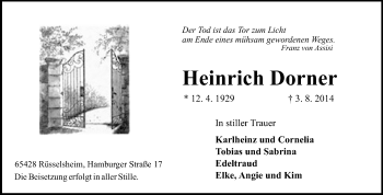 Traueranzeige von Heinrich Dorner von Echo-Zeitungen (Gesamtausgabe)