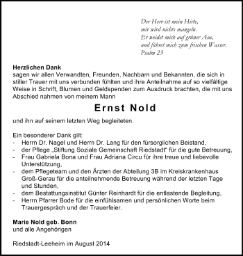 Traueranzeige von Ernst Nold von Rüsselsheimer Echo, Groß-Gerauer-Echo, Ried Echo