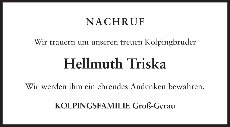  Traueranzeige für Hellmuth Triska vom 09.08.2014 aus Rüsselsheimer Echo, Groß-Gerauer-Echo, Ried Echo
