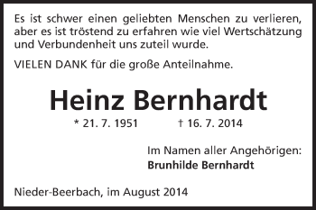 Traueranzeige von Heinz Bernhardt von Echo-Zeitungen (Gesamtausgabe)