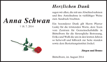 Traueranzeige von Anna Schwan von Rüsselsheimer Echo, Groß-Gerauer-Echo, Ried Echo