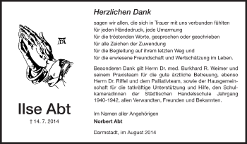 Traueranzeige von Ilse Abt von Echo-Zeitungen (Gesamtausgabe)