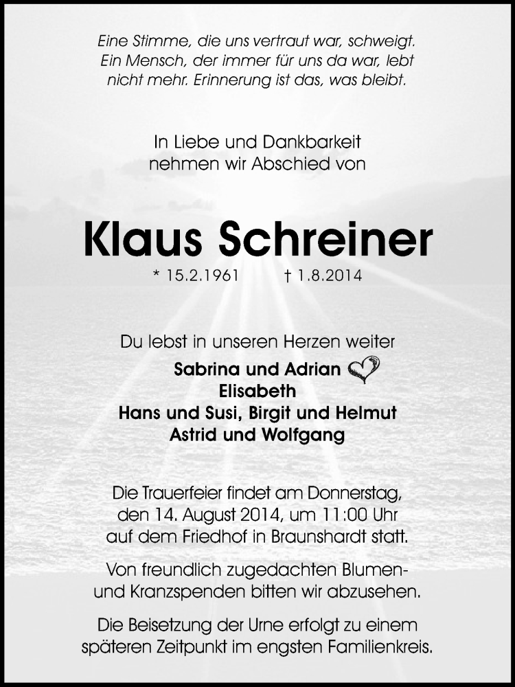  Traueranzeige für Klaus Schreiner vom 09.08.2014 aus Echo-Zeitungen (Gesamtausgabe)