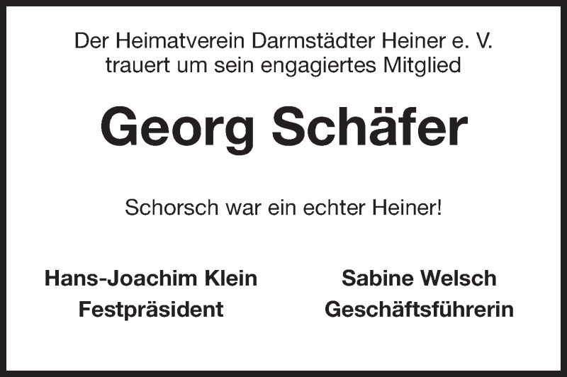  Traueranzeige für Georg Schäfer vom 09.08.2014 aus Echo-Zeitungen (Gesamtausgabe)