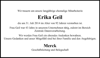 Traueranzeige von Erika Geil von Echo-Zeitungen (Gesamtausgabe)