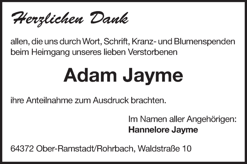  Traueranzeige für Adam Jayme vom 09.08.2014 aus Echo-Zeitungen (Gesamtausgabe)