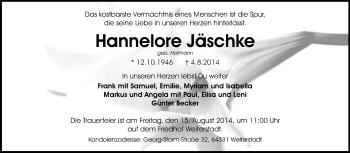 Traueranzeige von Hannelore Jäschke von Echo-Zeitungen (Gesamtausgabe)