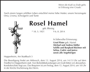 Traueranzeige von Rosel Hamel von Starkenburger Echo