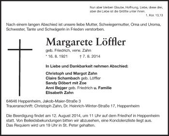 Traueranzeige von Margarete Löffler von Starkenburger Echo