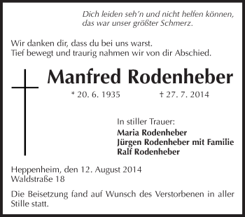 Traueranzeige von Manfred Rodenheber von Starkenburger Echo