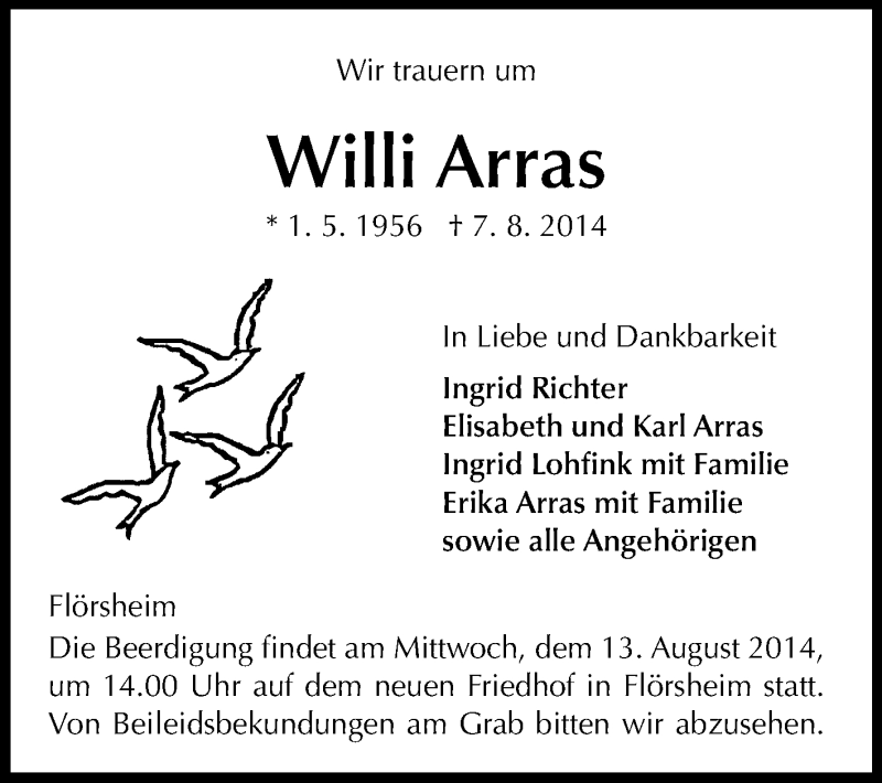  Traueranzeige für Willi Arras vom 11.08.2014 aus Rüsselsheimer Echo, Groß-Gerauer-Echo, Ried Echo