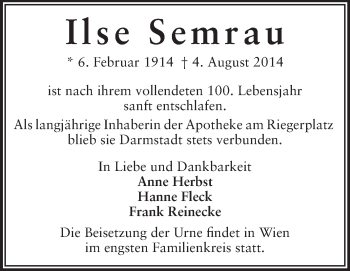 Traueranzeige von Ilse Semrau von Echo-Zeitungen (Gesamtausgabe)