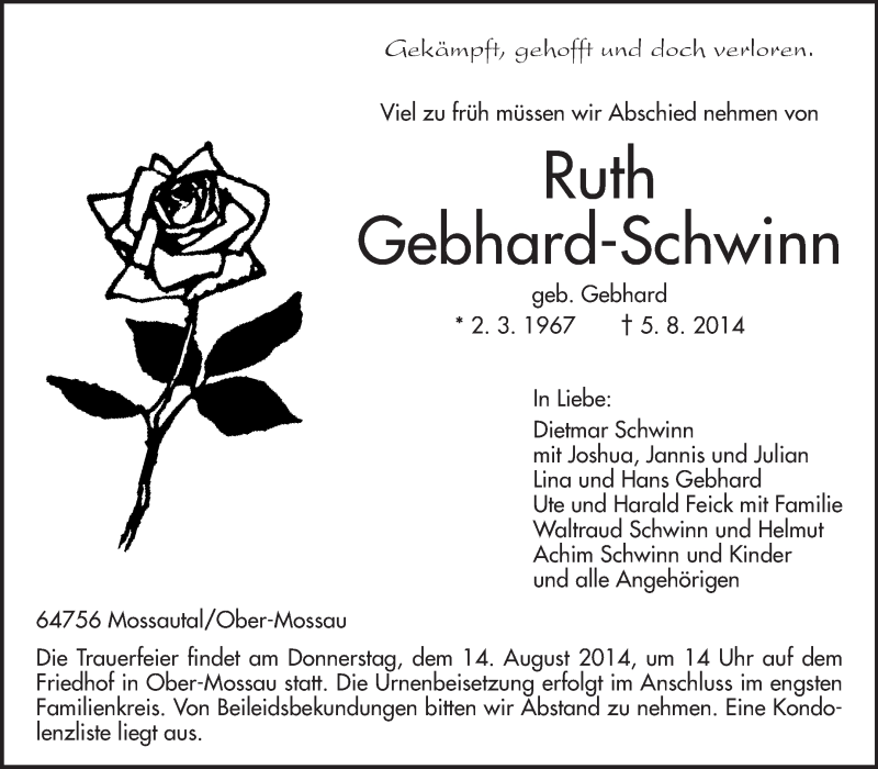  Traueranzeige für Ruth Gebhard-Schwinn vom 12.08.2014 aus Odenwälder Echo
