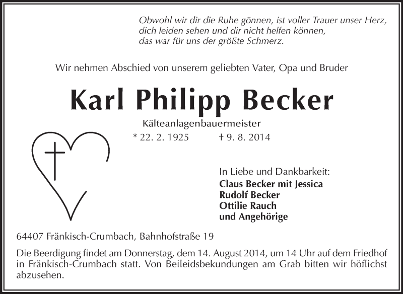  Traueranzeige für Karl Philipp Becker vom 12.08.2014 aus Odenwälder Echo
