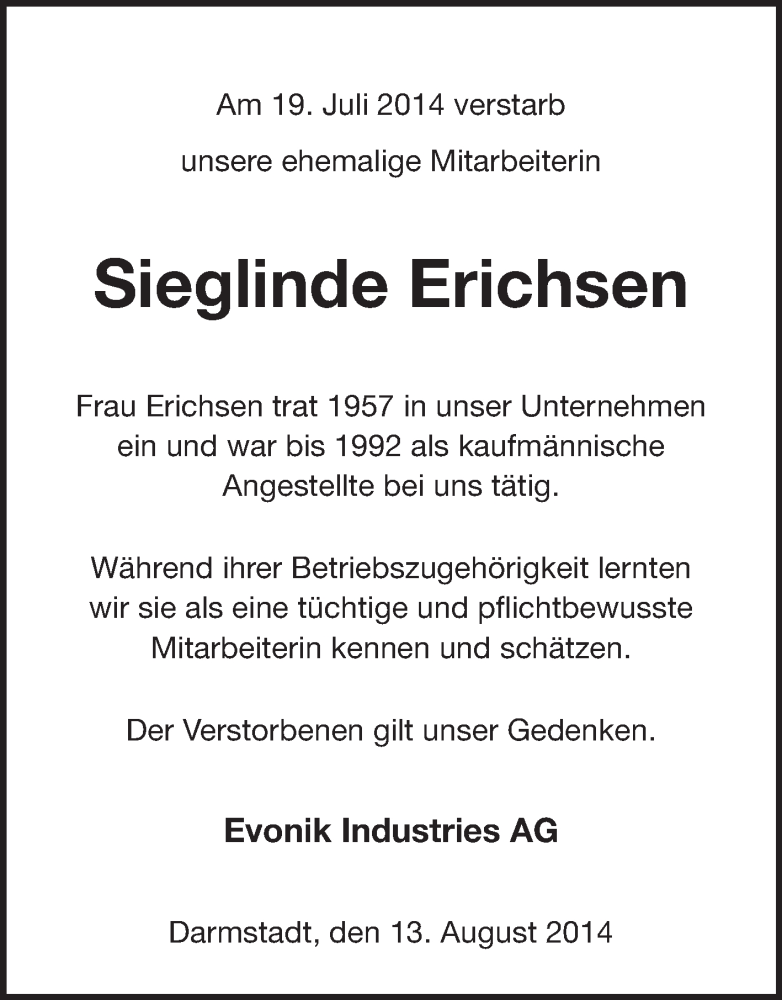  Traueranzeige für Sieglinde Erichsen vom 13.08.2014 aus Echo-Zeitungen (Gesamtausgabe)