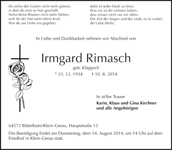Traueranzeige von Irmgard Rimasch von Rüsselsheimer Echo, Groß-Gerauer-Echo, Ried Echo