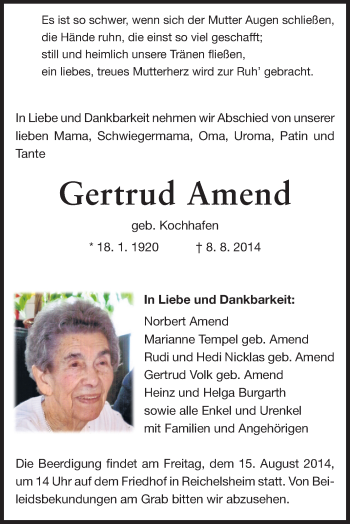 Traueranzeige von Gertrud Amend von Odenwälder Echo