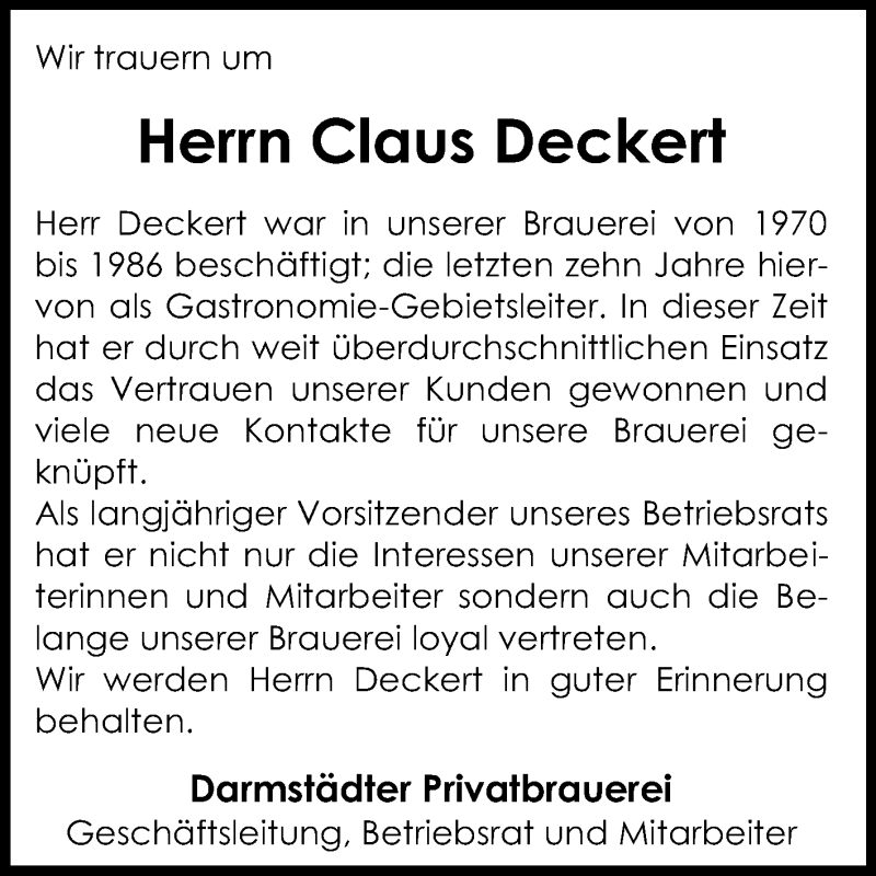  Traueranzeige für Claus Deckert vom 05.06.2015 aus Echo-Zeitungen (Gesamtausgabe)